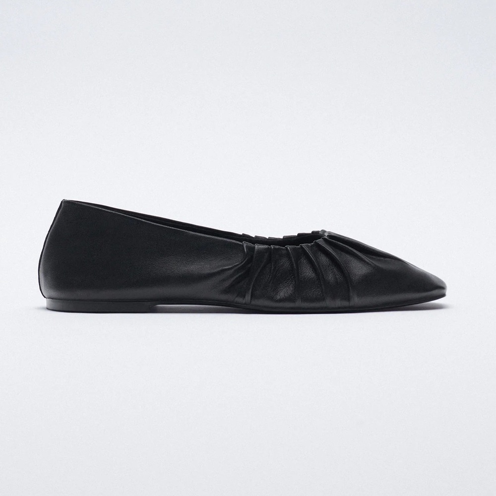 Zara Ruched Black Leather Ballet Flats with Square Toe Size US 9 EU 40